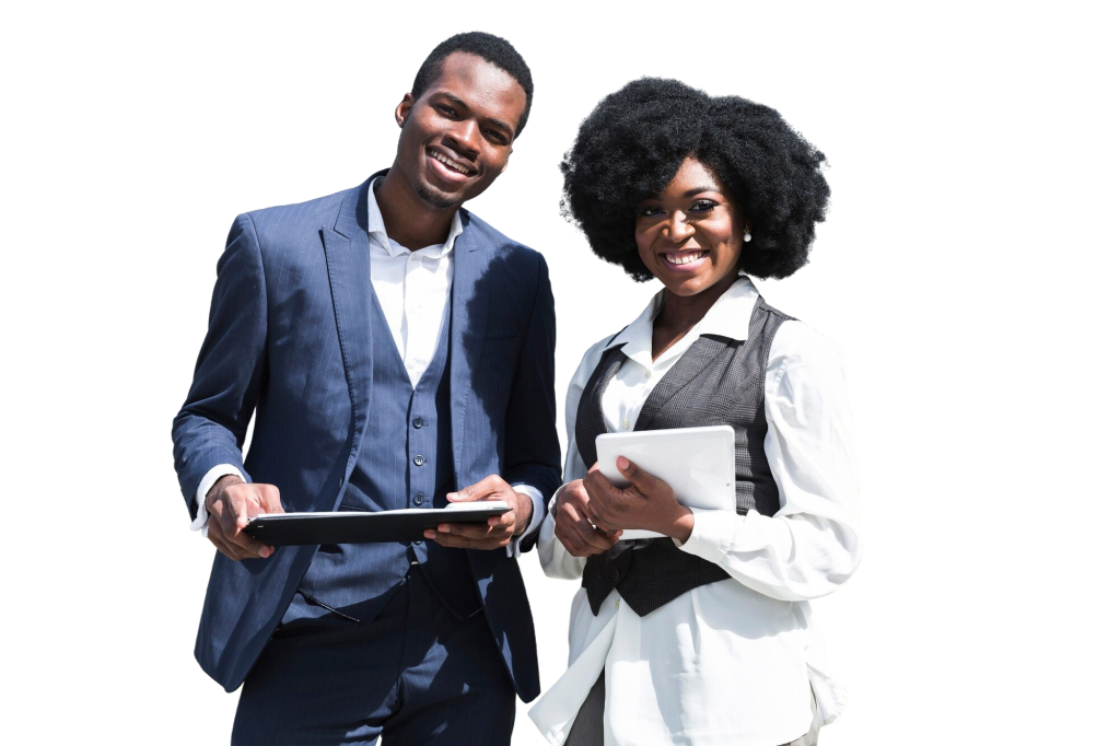 portrait african young businessman businesswoman holding clipboard digital tablet looking camera